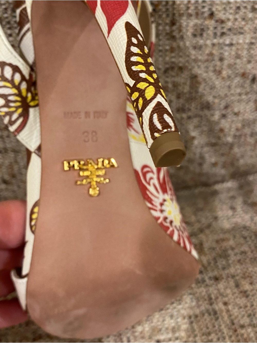 Prada Cream Floral Slingback Heels with Red & Yellow Accents - Picture 9 of 14